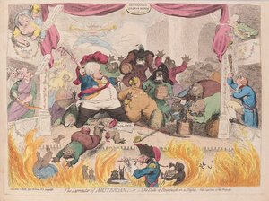 The Surrender of Amsterdam eller The Duke of Brunswick in a Bustle, pub. 1787 (handfärgad gravyr) av James Gillray