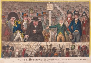 Beskåda av hustingen i Covent Garden - Westminstervalet november 1806, pub. 1806 (handfärgad gravyr)