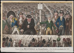 Utsikt över Hustings i Covent Garden – Vide. Valet i Westminster, november 1806 av James Gillray