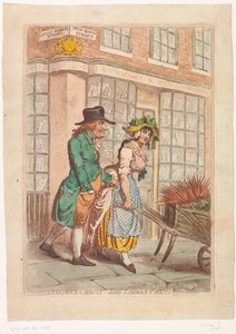 Kvinna med en skottkärra med rötter framför skyltfönstret hos bokhandlaren Robert Faulder i London Smörgås morötter! läckra smörgås-morötter (titel på objekt) av James Gillray