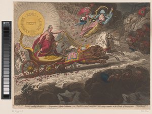 William Pitt verdrijft de duistere krachten, 1795 Ljus som utvisar mörker, - avdunstning av Stygian utandningar,-eller- Konstitutionens sol, stiger överlägset oppositionens moln (titel på objekt) av James Gillray