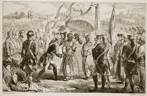 Lord Clives möte med Meer Jaffier, efter slaget vid Plassey, graverat av Thomas Williams