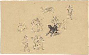 Skällande hund och studier för milisutbildning, ca 1841 (grafit) av James Goodwin Clonney