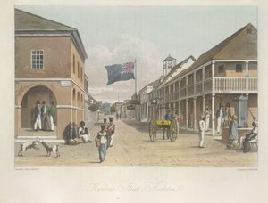 Utsikt över Harbour Street, Kingston (med blick österut) från En pittoresk rundtur på ön Jamaica, från teckningar gjorda åren 1820 och 1821.