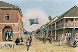 Utsikt över Harbour Street, Kingston, Jamaica, från "A Picturesque Tour of the Island of Jamaica", graverad av Thomas Sutherland