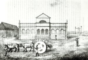 Börsen i Rio, en offentlig trapiche, en gräsvagn och galgen, illustration från "A History of the Brazil" av James Henderson, publicerad i London 1821. av James Henderson