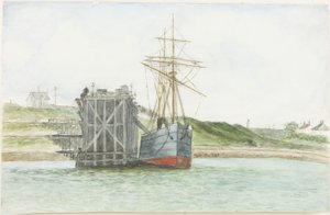 Albert Edward Docks. S.S. Willkarnman (akvarell, kroppsfärg och penna på papper)