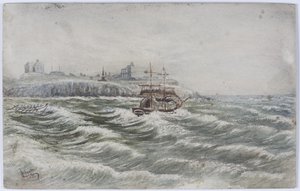 Stranding of the Belly of Littlehampton och Loss of the Life Boat Crew of the Tyne (akvarell, kroppsfärg och skrapa ut på papper) av James Henry Cleet