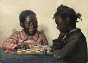 Untitled Two Children Playing Checkers, sent 1800-tidigt 1900-tal.