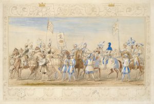 Fortsättning på följet av markisen av Waterford, drakens riddare och viscounten Alford, riddaren av det svarta lejonet, 1839 (penna, wc, gouache och guldfärg på papper) (se även 366229)