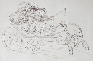 Par i en vagn dragen av en häst (sepia bläck på papper) av James Howe