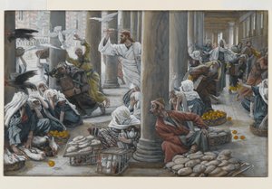 Kristus driver ut dem som sålde och köpte från templet, illustration till The Life of Christ, c.1884-96 (wc & gouache på kartong) av James Jacques Joseph Tissot