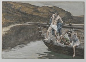 Sankt Peter larmade av Johannes om Herrens närvaro kastar sig i vattnet, illustration från Vår Herre Jesu Kristi liv, 1886-94 (wc över grafit på papper)