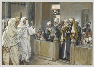 Översteprästerna frågar Jesus med vilken rätt han handlar på detta sätt, illustration från Vår Herre Jesu Kristi liv, 1886-94 (wc över grafit på papper) av James Jacques Joseph Tissot