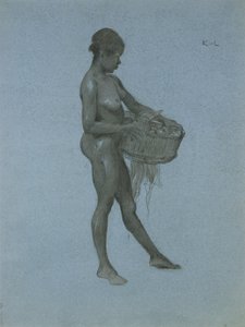 Negress som bär en korg med grönsaker (kol på papper)
