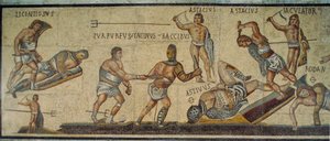 Romersk mosaik som visar gladiatorer som kämpar med olika vapen. Galleria Borghese...