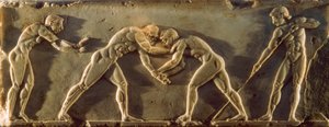 Grekiska idrottare avbildade på en basrelief från 600-talet f.Kr. Nationella arkeol... av James L Stanfield