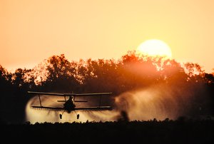 Biplanet Crop Duster sprutar bekämpningsmedel på ett fält med grödor längs Mississippifloden av James L Stanfield