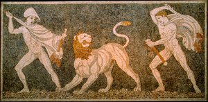 Mosaik föreställande Alexander den store och Hephaestion som dödar ett lejon. Pella arkeologiska...