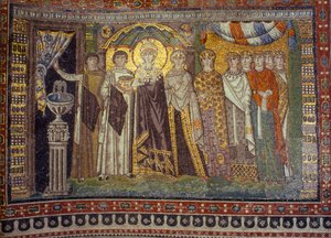 Mosaikerna visar kejsarinnan Theodora flankerad av sina tjänare. San Vitale-kyrkan, Ravenna, Italien.