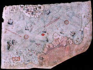 Kartan över Piri Reis Haritasi färdigställd 1513. TOPKAPIPALATSETS MUSEUM, ISTANBUL, TURKIET.