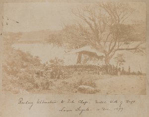 Läsningen av ett ultimatum till zuluhövdingar på Natals sida av Drift Lower Tugela, 11 december 1878 av James Lloyd