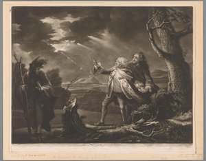 David Garrick som kung Lear med jarlen av Kent och Edgar utklädd till Tom i ett stormigt landskap av James McArdell