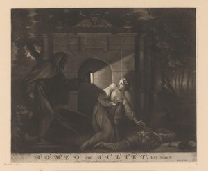 Julia knäböjer vid Romeos kropp och tittar på en munk med en lykta Romeo och Julia, Akt V. Scen IV. (titel på objekt) av James McArdell