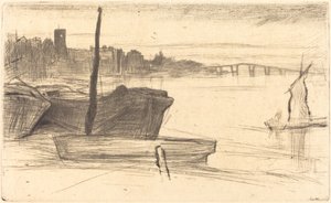 Chelsea Bridge och kyrkan av James Abbott McNeill Whistler