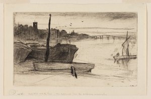 Chelsea Bridge och kyrkan av James Abbott McNeill Whistler