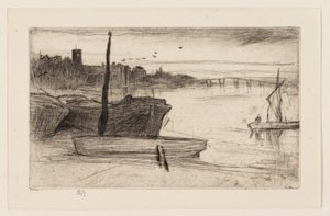 Chelsea Bridge och kyrkan av James Abbott McNeill Whistler