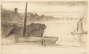 Chelsea Bridge och kyrka av James McNeill Whistler