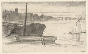 Chelsea Bridge och kyrkan, ur serien ”Thames Set” (En serie med sexton etsningar av motiv från Themsen och andra motiv) av James McNeill Whistler