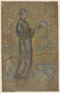 Japansk kvinna som målar en solfjäder (framsidan) av James McNeill Whistler