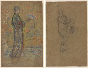 Japansk kvinna som målar en solfjäder (recto); stående kvinna som lyfter sin klänning (verso) av James McNeill Whistler