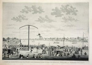 Utsikt på Banks of the Ganges med representation av Churruck Poojah …, pub. 1810 gravyr. av James Moffat