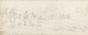 Coursing, en grupp ryttare som galopperar från vänster efter ett par vinthundar (grafit på papper) av James Pollard