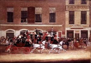 Royal Mail Coaches lämnar Angel Inn av James Pollard