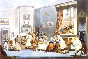 Scenbusspassagerare vid frukost (gravyr) av James Pollard