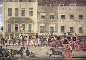 West Country Mails på Gloucester Coffee House, Piccadilly, graverade av C. Rosenberg, 1828 av James Pollard