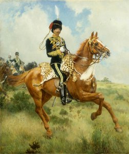 Porträtt av överste A.G. Lucas, från Suffolk Yeomanry, till häst