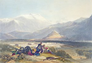 Bala Hissar och Kabuls stad med de brittiska kantoneringarna från Ba Maroo Hill, när fientligheterna började, platta 16 från "Scenery, Inhabitants and Costumes of Afghanistan", graverad av R. Carrick (ca. 1