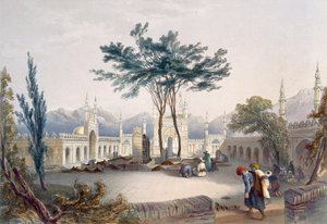 Moskén för Goolaum Hoossein Huzrut-Jee, afghanernas stora profet, och kungarnas gravar i Kandahar, tavla 30 från "Scenery, Inhabitants and Costumes of Afghanistan", graverad av R. Carri.