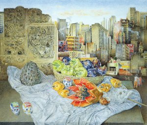 Still Life with Papaya and Cityscape, 2000 