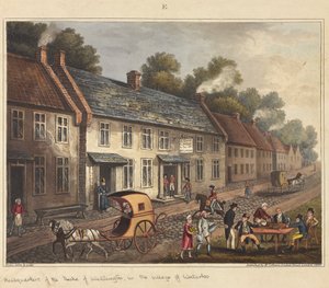 Högkvarter för hertigen av Wellington i byn Waterloo, från "An Historical Account of the Battle of Waterloo", 1817 (färgad akvatint)