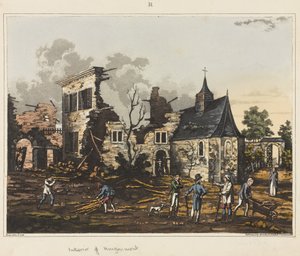 Interiör av Hougoumont, från "An Historical Account of the Battle of Waterloo", 1817 (färgad akvatint)
