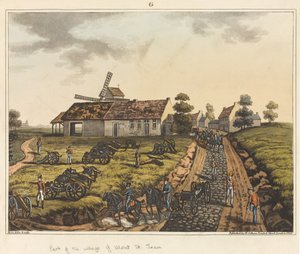 En del av byn Mont St Jean, från "An Historical Account of the Battle of Waterloo", 1817 (färgad akvatint) av James Rouse