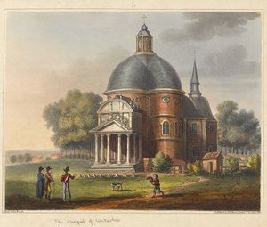 Kapellet i Waterloo, från "An Historical Account of the Battle of Waterloo", 1817 (färgad akvatint) av James Rouse