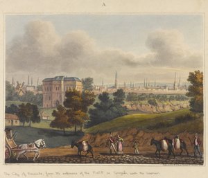 Staden Bryssel, från ingången till Foret de Soignes, med barriären, 1815, från "An Historical Account of the Battle of Waterloo", 1817 (färgad akvatint)
