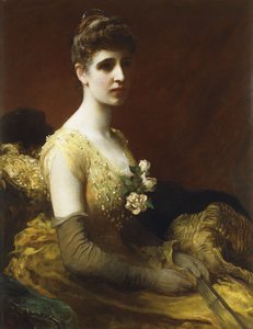 Porträtt av Lady Dixon av Rheda, tre fjärdedels längd, sittande iklädd en gul klänning med blommor som håller en solfjäder, av James Sant
